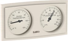 SAWO gebogenes rechteckiges Thermometer und Hygrometer aus Espenholz.