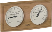 SAWO gebogenes rechteckiges Thermometer und Hygrometer aus Zedernholz.