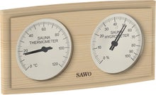 SAWO gebogenes rechteckiges Thermometer und Hygrometer aus Kiefernholz.