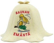 Beiger Sauna- und Badehut mit dem Text &bdquo;Saunan em&auml;nt&auml;&ldquo; und einem Bild von einer Frau in der Sauna.