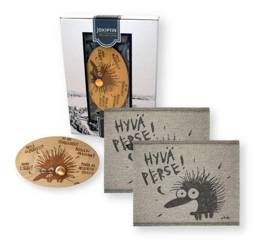 Fluchender Igel Geschenkset: 2 &times; &bdquo;GEILER ARSCH&ldquo; Solo-Saunasitzunterlagen & &bdquo;Spr&uuml;che&ldquo; Saunathermometer